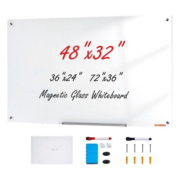 Magnetic Glass Whiteboard, Dry Erase Board 48"x32", Wall-Mounted Large White Glassboard Frameless, with Marker Tray, an Eraser and 2 Markers, White