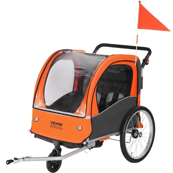 Bike Trailer for Toddlers, Kids, Double Seat, 45 kg Load, 2-In-1 Canopy Carrier Converts to Stroller, Tow Behind Foldable Child Bicycle Trailer with Universal Bicycle Coupler, Orange and