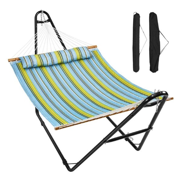 Two Person Hammock with Stand Included Heavy Duty 217.7kg Capacity, Double Hammock with Portable Steel Stand and Carrying Bag and Pillow, Freestanding Hammock for Outdoor Patio Yard