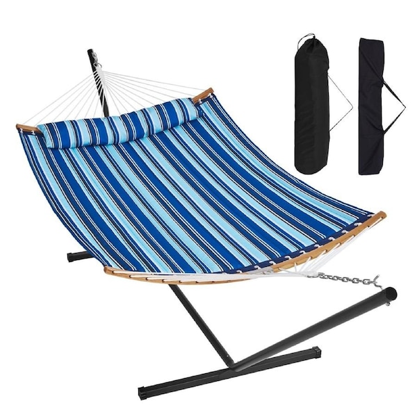 Two Person Hammock with Stand Included, Double Hammock with Curved Spreader Bar and Detachable Pillow and Portable Carrying Bag, Perfect for Outdoor Freestanding Hammock, 480lb