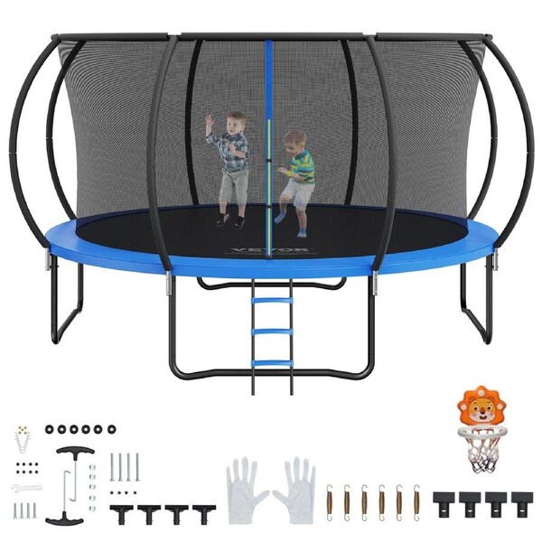 14FT Trampoline, 450 lbs Trampoline with Enclosure Net, Ladder, and Curved Pole, Heavy Duty Trampoline with Jumping Mat and Spring Cover Padding, Outdoor Recreational Trampolines for Kids