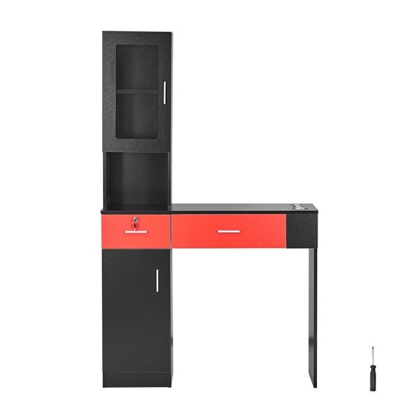 Salon Station, Wall Mount Barber Salon Station for Hair Stylist, Beauty Spa Furniture Set, 1 Storage Cabinet, 3 Cubbies and 2 Drawers(One Lockable), Black and