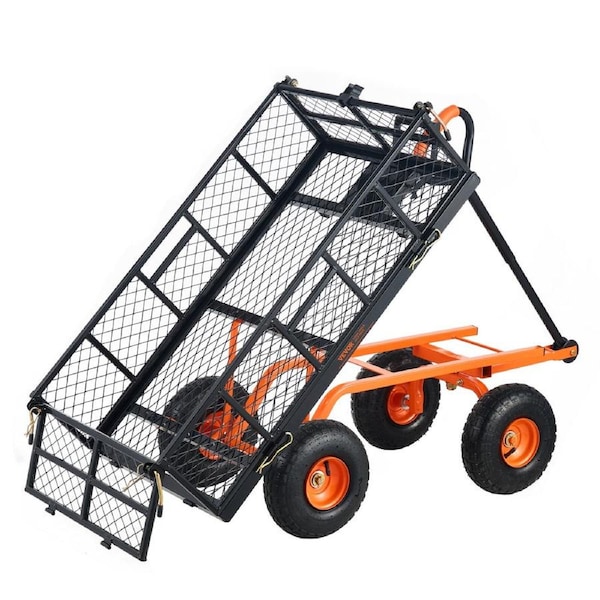 Dump Cart, Metal Garden Dump Cart with Easy to Assemble Frame, Dump Wagon with 2-in-1 Convertible Handle, Utility Wheelbarrow 181kg Capacity, 10 inch