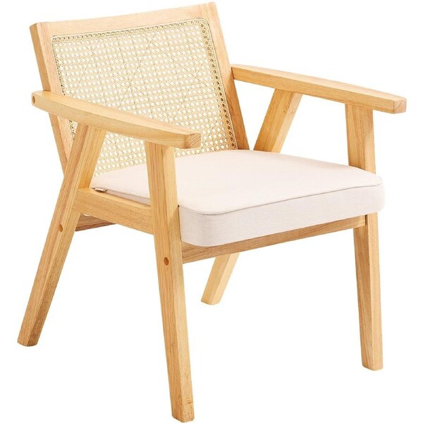 Rattan Chair, Mid Century Modern Dining Chair with Armrest, Upholstered Chair with Rattan Back, Retro Rattan Dining Room Kitchen Chair for Living Room, Bedroom, Reading Room, and Office,