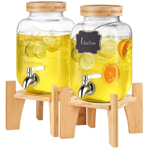 Beverage Dispenser, 1 Gallon Drink Dispensers for Parties, Glass Juice Dispenser with Stand, Stainless Steel Spigot, Iced Tea Lemonade Juice Water Dispenser, for Restaurants, Hotels,