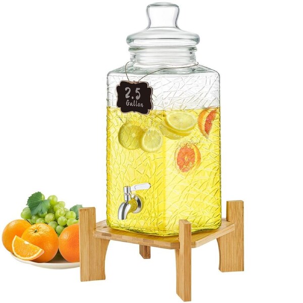Beverage Dispenser, 2.5 Gallon Drink Dispensers for Parties, Glass Juice Dispenser with Stand, Stainless Steel Spigot, Iced Tea Lemonade Juice Water Dispenser, for Restaurants, Hotels,