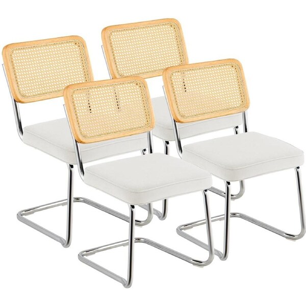 Rattan Chairs, Set of 4, Mid Century Modern Dining Chair, Upholstered Velvet Accent Chair with Rattan Back, Retro Dining Room Kitchen Chair for Living Room, Bedroom, Reading Room, Office,