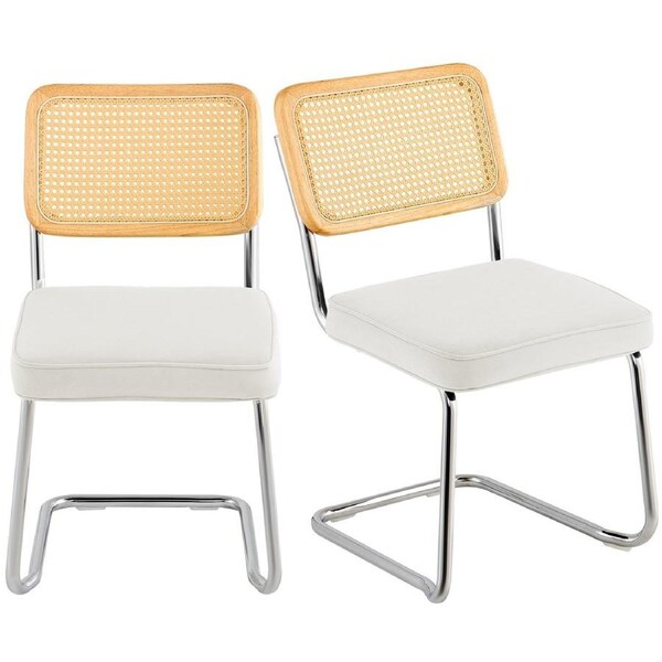 Rattan Chairs, Set of 2, Mid Century Modern Dining Chair, Upholstered Velvet Accent Chair with Rattan Back, Retro Dining Room Kitchen Chair for Living Room, Bedroom, Reading Room, Office,