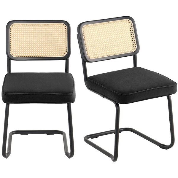 Rattan Chairs, Set of 2, Mid Century Modern Dining Chair, Upholstered Velvet Accent Chair with Rattan Back, Retro Dining Room Kitchen Chair for Living Room, Bedroom, Reading Room, Office,