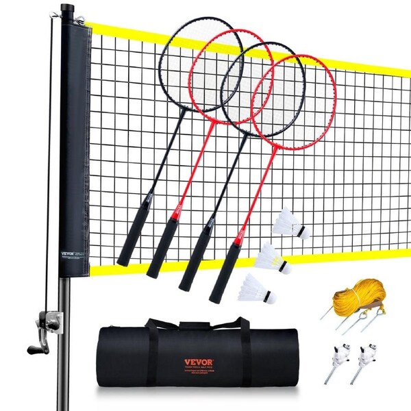 Badminton Net Set, Outdoor Backyard Beach Park Badminton Net, Portable Badminton Equipment Set, Adults Kids Badminton Net with Poles, Carrying Bag, 4 Iron Rackets, and 3 Nylon
