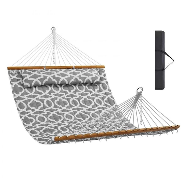 Double Quilted Fabric Hammock, 12 FT Double Hammock with Hardwood Spreader Bars, 2 Person Quilted Hammock with Detachable Pillow and Chains for Camping Outdoor Patio Yard Beach, 480 lbs Capacity