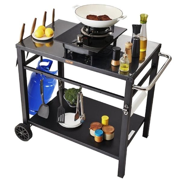 Outdoor Grill Dining Cart with Double-Shelf, 85*55cm BBQ Movable Food Prep Table, Multifunctional Iron Table Top, Portable Modular Carts for Pizza Oven, Worktable with 2 Wheels, Carry Handle,