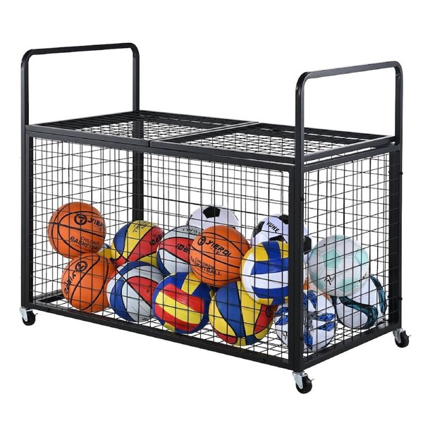 Rolling Sports Ball Storage Cart, Lockable Basketball Cage with Double Lids, Sport Equipment Holder Organizer for Indoor Outdoor, Steel Storage Rack for Garages, Playgroup, Gym and