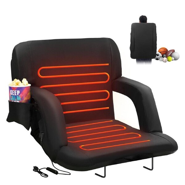 Double Heated Stadium Seat with Back Support, 3 Level Heating Wide Bleacher Seat, Folding Portable Padded Reclining Chair with Hook Pocket Cupholder, Ideal for Sport Event Beach Camping