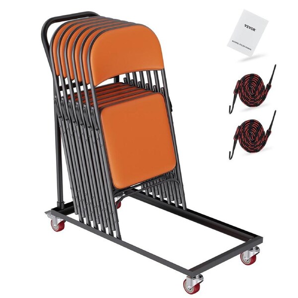 Folding Chair Dolly, Iron Commercial Cart with 12 Chairs Capacity, Folding Chairs Rack Trolley with 4 Casters, Storage Transport Dolly for Flat Stacking Plastic Resin and Wood Chairs,