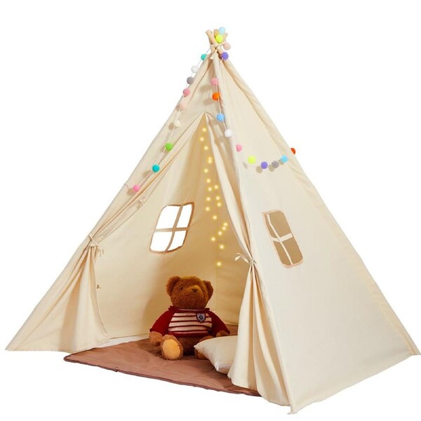 Kids Play Tent, Teepee Tent for Kids 1-5 Years Old, Toddler Tent with Mat and Plush Decorative Balls, Tent for Kids with Windows for Indoor and Outdoor, for Boys and Girls,