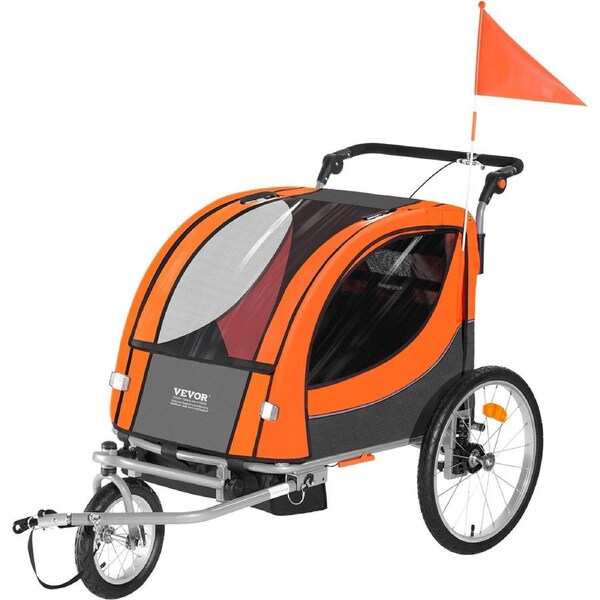 Bike Trailer for Toddlers, Kids, Double Seat, 40 kg Load, 2-In-1 Canopy Carrier Converts to Stroller, Tow Behind Foldable Child Bicycle Trailer with Universal Bicycle Coupler, Orange and