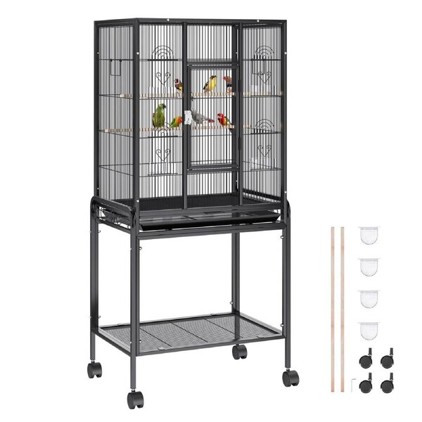 54 inch Standing Large Bird Cage, Carbon Steel Flight Bird Cage for Parakeets, Cockatiels, Parrots, Macaw with Rolling Stand and Tray