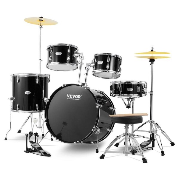 Adult Drum Set, 5-Piece, 558.8 mm Complete Full Size Drum Kit with Bass Toms Snare Floor Drum Adjustable Throne Stands Cymbal Hi-Hat Pedal and Drumsticks, Beginner Drum Kit for Adults,