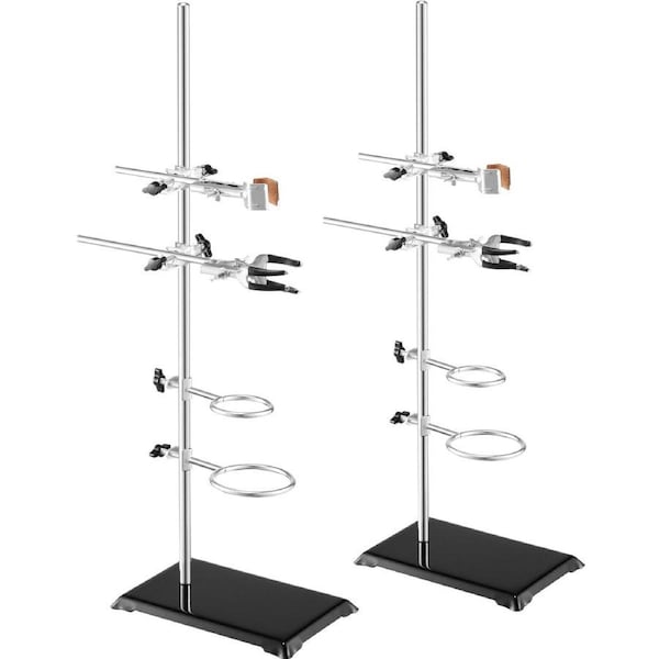 Lab Stand Support, Laboratory Retort Support Stand 2 Sets, Steel Lab Stand 23.6" Rod and 8.3" x 5.3" Cast Iron Base, Includes Flask Clamps, Burette Clamps and Cross