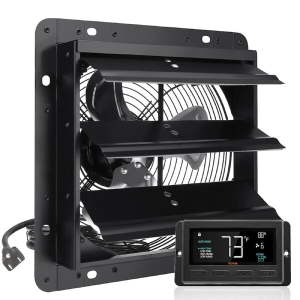 Shutter Exhaust Fan, 254mm / 10inch with Temperature Humidity Controller, EC-motor, 843 CFM, Variable Speed Adjustable Wall Mount Attic Fan, Ventilation and Cooling for Greenhouses, Garages,