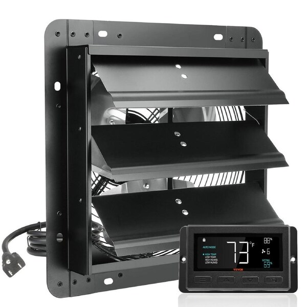 Shutter Exhaust Fan, 305 mm /12 inch with Temperature Humidity Controller, EC-motor, 904 CFM, Variable Speed Adjustable Wall Mount Attic Fan, Ventilation and Cooling for Greenhouses, Garages,