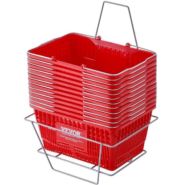 Shopping Basket, Set of 12, 21L Durable Plastic Grocery Basket with Metal Handle and Stand, 425 x 305 x 218 mm Portable Shop Basket Bulk Used for Retail Store Supermarket Grocery Shopping,