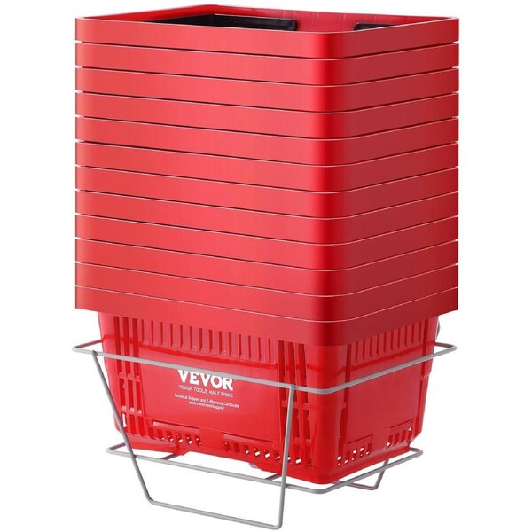 Shopping Basket, Set of 12, 24L Durable Plastic Grocery Basket with Handle and Stand, 425 x 295 x 225 mm Portable Shop Basket Bulk Used for Retail Store, Supermarket, and Grocery Shopping,