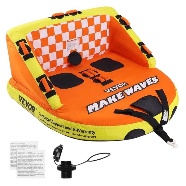 Towable Tube for Boating, 1-2 Riders Inflatable Towable Tubes with Deck Seats and Backrest, 340 lbs Water Sport Tube for Boat to Pull, Full Nylon Cover, EVA Grab Handles and Speed Safety