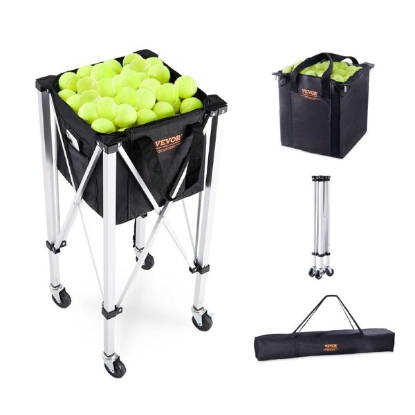 Foldable Tennis Ball Hopper, Holds 180 Tennis Balls, Lightweight Aluminum Alloy Tennis Ball Basket Cart with Wheels, Removable Bag, Carry Bag, Portable Sports Teaching Cart for Tennis