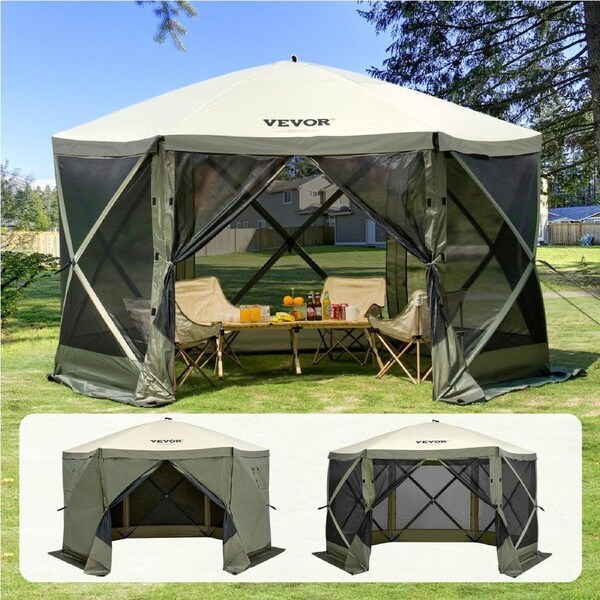 Pop Up Gazebo Tent, Pop-Up Screen Tent 6 Sided Canopy Sun Shelter with 6 Removable Privacy Wind Cloths & Mesh Windows, 12x12FT Quick Set Screen Tent with Mosquito Netting, Army