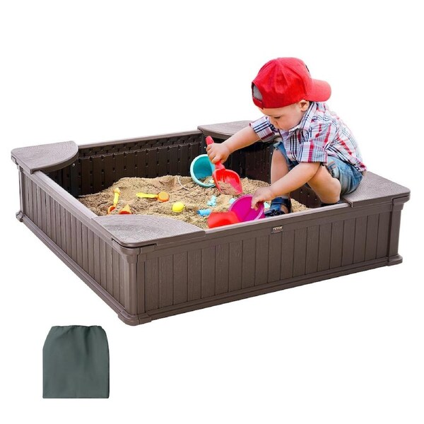 Sandbox with Cover, 48.6x48.6x12.4 in Square Sand Box, HDPE Sand Pit with 4 Corner Seating and Bottom Liner, Kids Sandbox for Outdoor Backyard, Beach, Park, Gift for Boys Girls Ages 3-12,