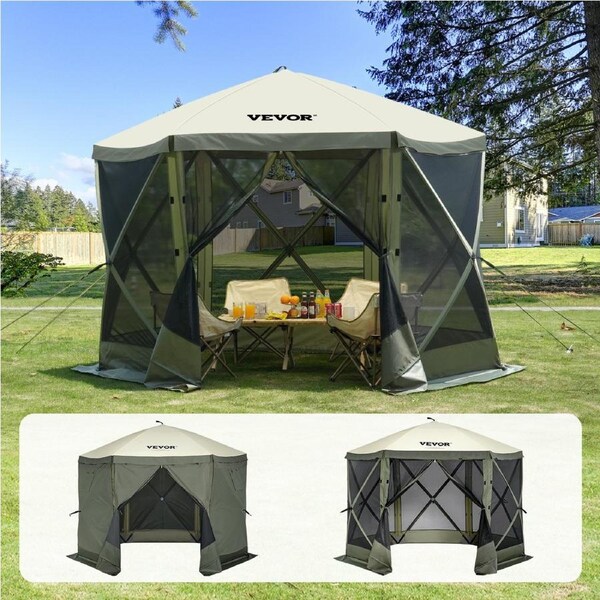 Pop Up Gazebo Tent, Pop-Up Screen Tent 6 Sided Canopy Sun Shelter with 6 Removable Privacy Wind Cloths & Mesh Windows, 10x10FT Quick Set Screen Tent with Mosquito Netting, Army