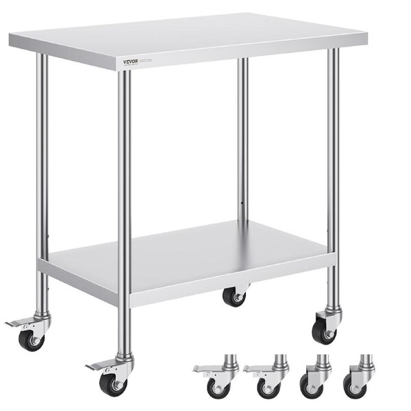 Stainless Steel Work Table 24 x 36 x 38 Inch, with 4 Wheels, 3 Adjustable Height Levels, Heavy Duty Food Prep Worktable for Commercial Kitchen Restaurant,