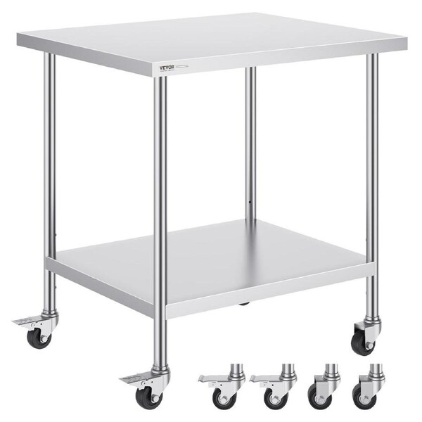 Stainless Steel Work Table 30 x 36 x 38 Inch, with 4 Wheels, 3 Adjustable Height Levels, Heavy Duty Food Prep Worktable for Commercial Kitchen Restaurant,
