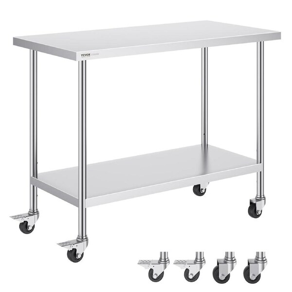 Stainless Steel Work Table 24 x 48 x 38 Inch, with 4 Wheels, 3 Adjustable Height Levels, Heavy Duty Food Prep Worktable for Commercial Kitchen Restaurant,