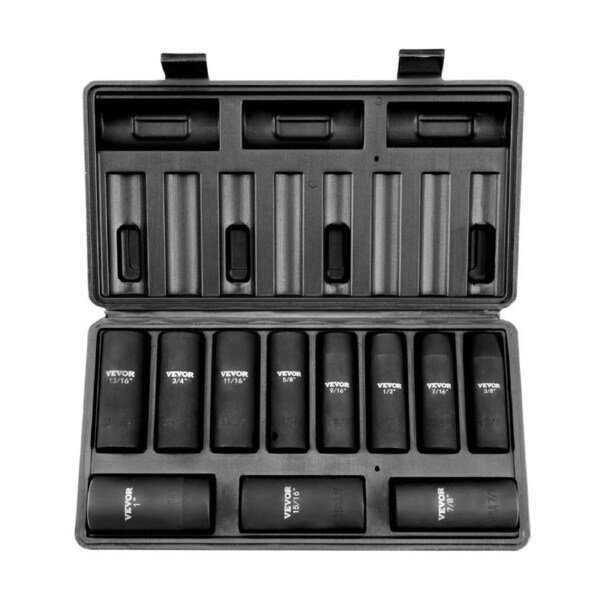 1/2" Drive Impact Socket Set, 11 Piece Deep Socket Set SAE 3/8"-1", 6 Point CR-V Alloy Steel for Auto Repair, Easy-to-Read Size Markings, Rugged Construction, Includes Storage