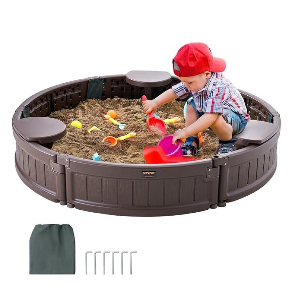 Sandbox with Cover, 47.2 x 9.1 in Round Sand Box, HDPE Sand Pit with 3 Corner Seating and Bottom Liner, Kids Sandbox for Outdoor Backyard, Beach, Park, Gift for Boys Girls Ages 3-12,