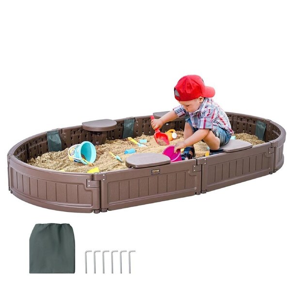 Sandbox with Cover, 72 x 41.5 x 9.1 in Oval Sand Box, HDPE Sand Pit with 4 Corner Seating and Bottom Liner, Kids Sandbox for Outdoor Backyard, Beach, Park, Gift for Boys Girls Ages 3-12,