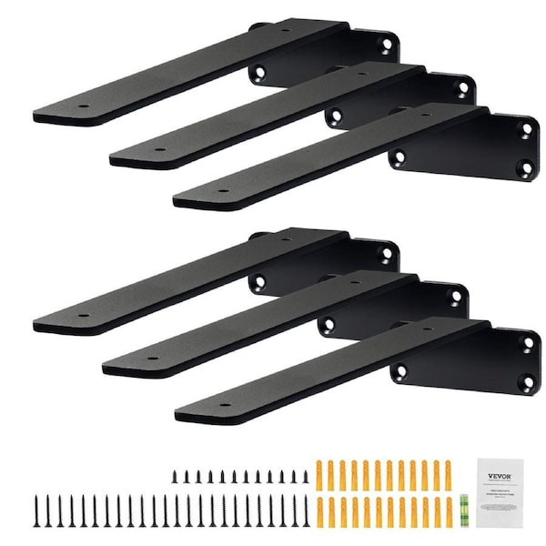 Shelf Bracket, 31cmL x 10cmW x 4.5cmH 6 Pcs, Heavy Duty Floating Shelf Brackets, Brackets for Shelves, 5mm Thick Matte Black L Shelf Bracket,Steel Shelving Brackets with 72.6 kg Load