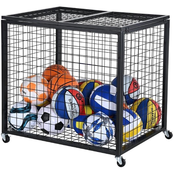 Rolling Sports Ball Storage Cart, Lockable Basketball Cage with Double Lids, Sport Equipment Holder Organizer for Indoor Outdoor, Steel Storage Rack for Garages, Playgroup, Gym and