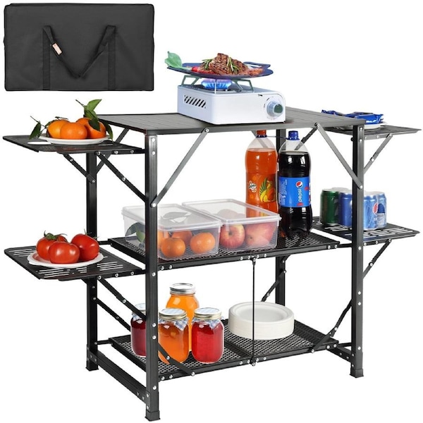 Camping Kitchen Table, One-piece Folding Portable Cook Station with A Carrying Bag, Aluminum Camping Table 4 Iron Side Tables & 2 Shelves, Ideal for Outdoor Picnics, BBQs, Camping, RV