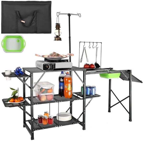 SKYSHALO Portable Camp Kitchen, Foldable Outdoor Cooking Station with Carrying Case, Extended Aluminum Table, 3 Auxiliary Tables, Dual Shelves & Removable Sink for Picnics, Barbecues, and