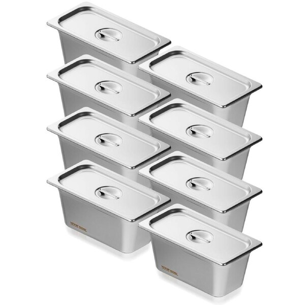 8 Pack Hotel Pans, 1/3 Size Anti-Jam Steam Pan with Lid, 0.8mm Thick Stainless Steel Steam Table Pan, 6-Inch Deep Commercial Table Pan, Catering Storage Food Pan, for Industrial &