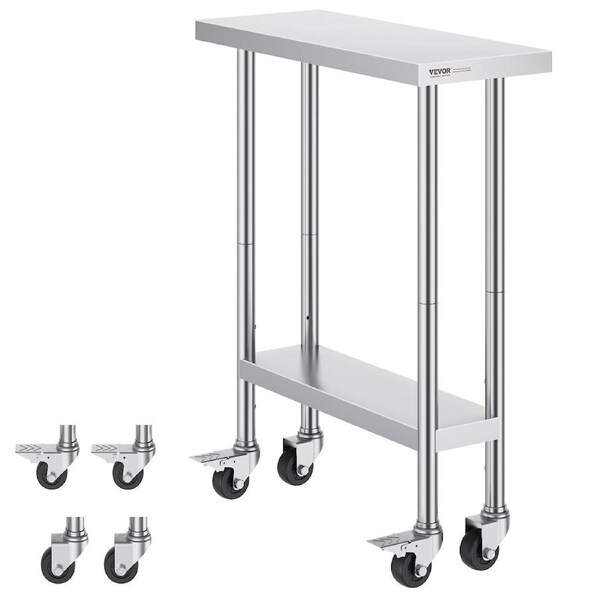 Stainless Steel Work Table 30 x 12 x 38 Inch, with 4 Wheels, 3 Adjustable Height Levels, Heavy Duty Food Prep Worktable for Commercial Kitchen Restaurant,