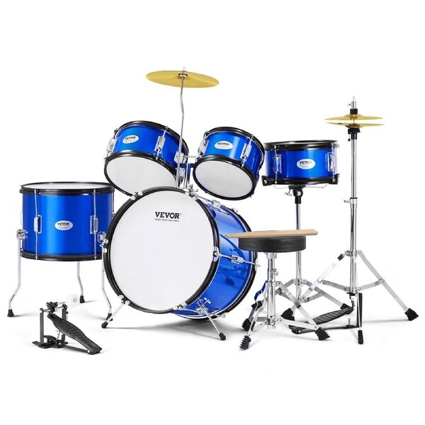 Kids Drum Set, 5-Piece, 406.4 mm Beginner Full Drum Set with Bass Toms Snare Floor Drum Adjustable Throne Cymbal Hi-Hat Pedal and Two Pairs of Drumsticks, Starter Drum Kit for Child Kids,