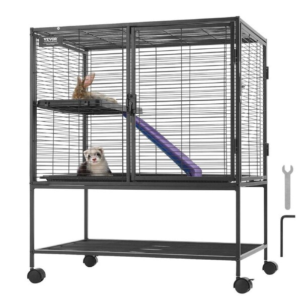 36" Metal Small Animal Cage 2-Tier Rolling Ferret Cage with Tray A Ramp