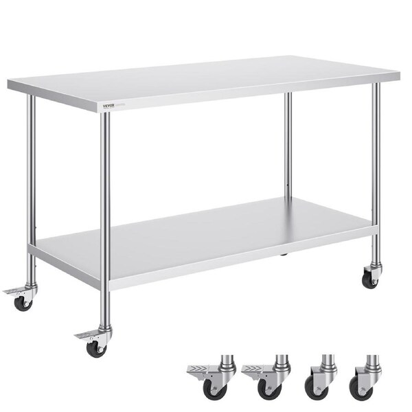 Stainless Steel Work Table Commercial Prep Table 30x60 Inch With 4 Casters