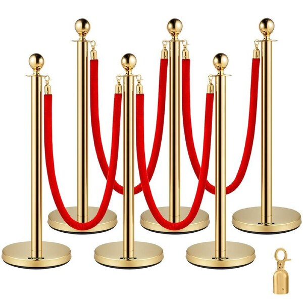 Stainless Steel Stanchion Post Queue 6PCS Pole w/ 4 Red Velvet Ropes, Crowd Control Barriers w/Fillable Base for for crowd control in theaters, hotels, casinos, red carpet events, ticket offices,