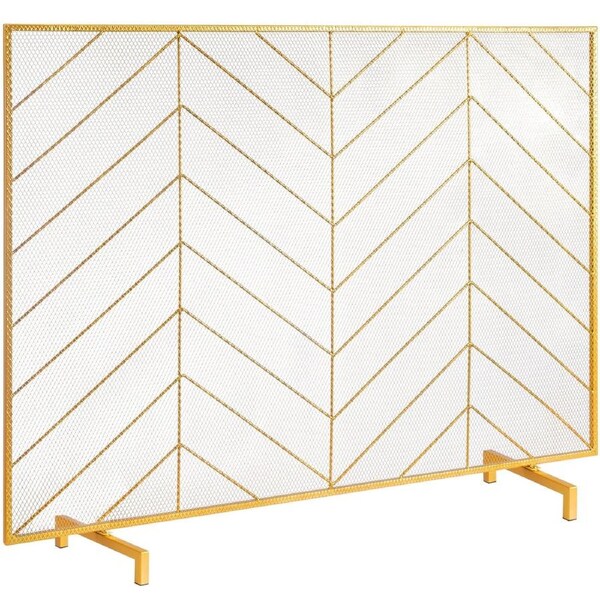 980x758MM Fireplace Screen 1-Panel Iron Mesh Spark Guard Modern Gold